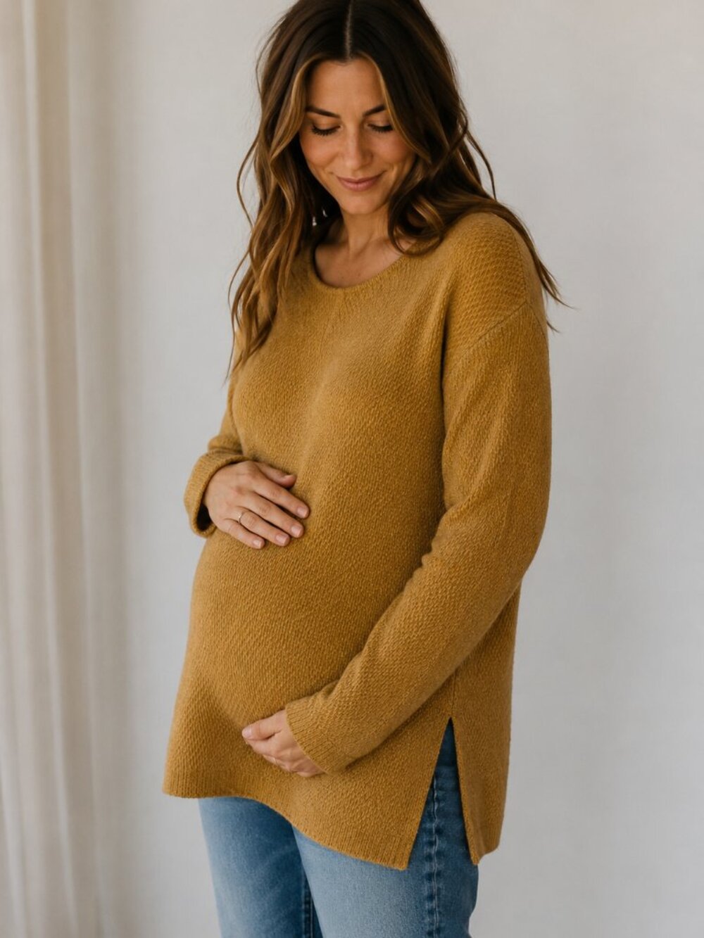 Vintage Mumsies Maternity Sweater Soft Mustard Gold Knit Tunic Stretch Cozy Top